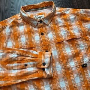 Duxbak Mens Shirt Large Orange & White Plaid Long Sleeve Vented Outdoor Hunting